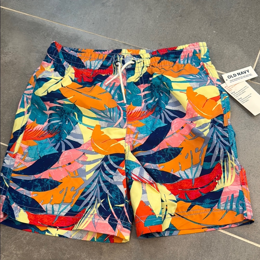 Old Navy Blue and Orange Swim Trunks Tropical Design
